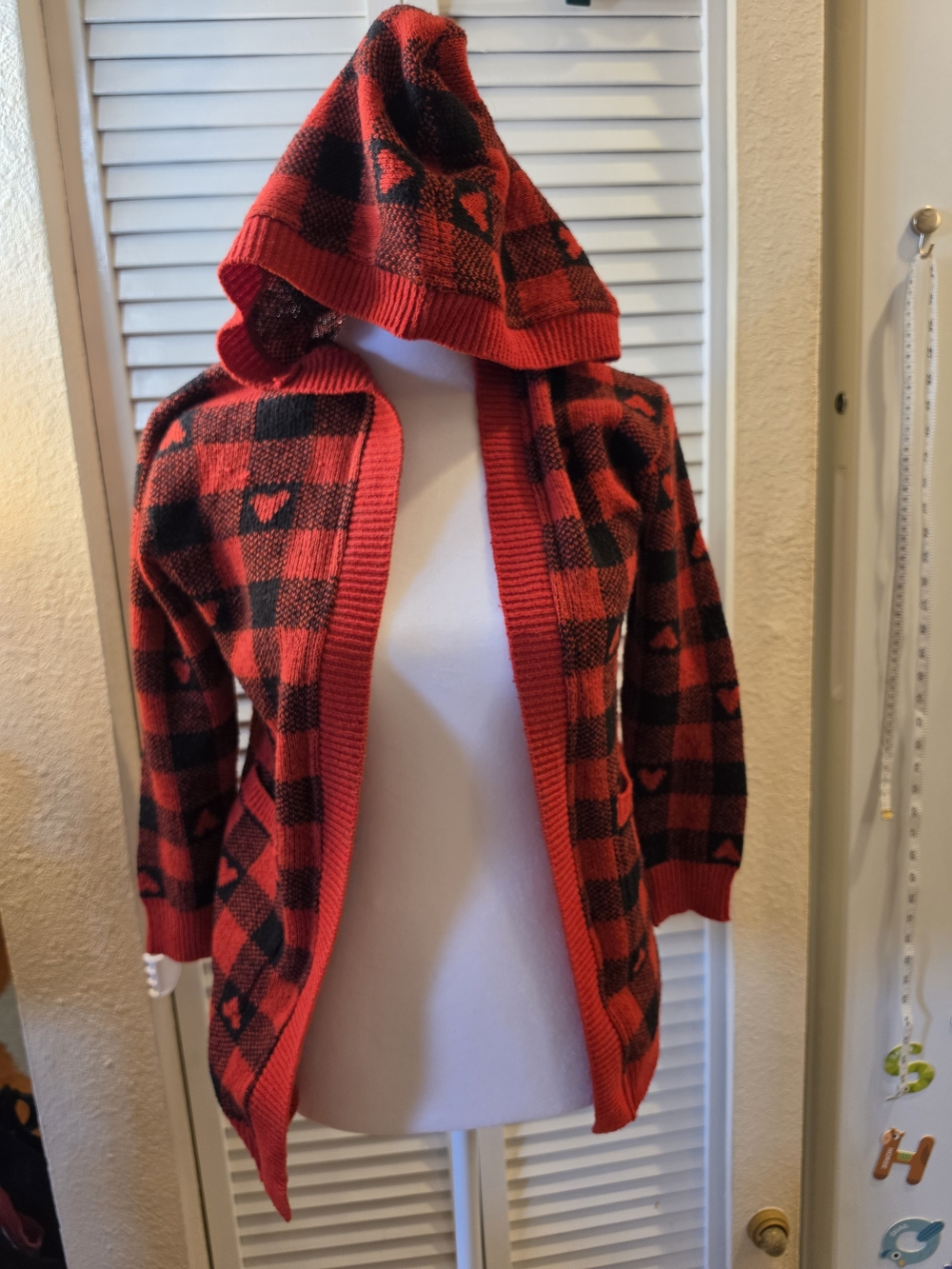 Sweet Stories Red and Black Hooded Buffalo Plaid Sweater W/ Heart Accents Medium